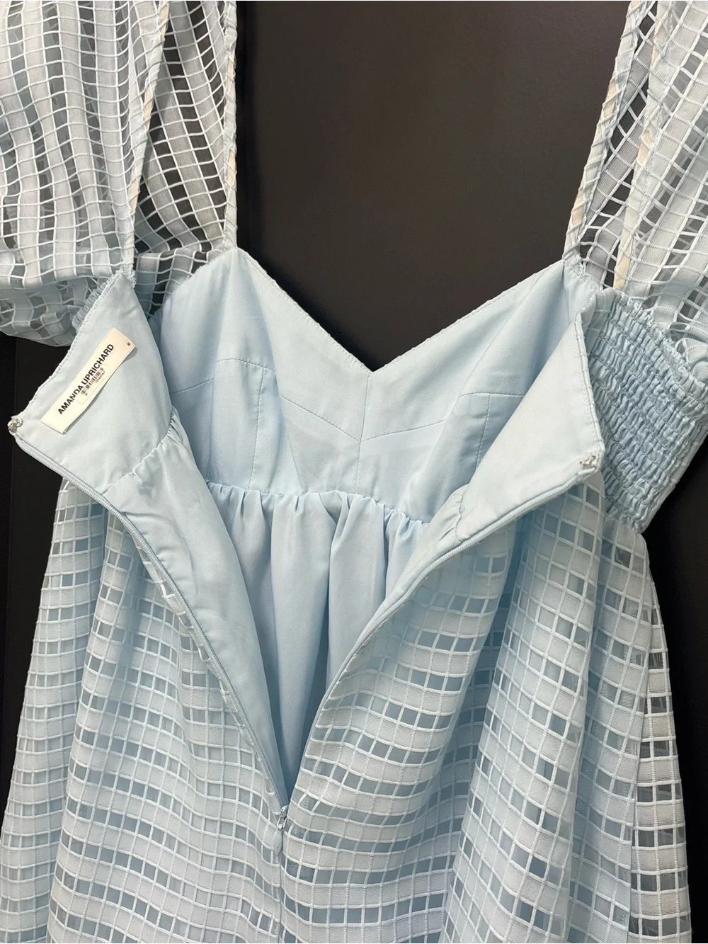 Amanda Uprichard Sicily Mini Dress Powder Blue Textured Puff Sleeve Medium - Picture 8 of 14
